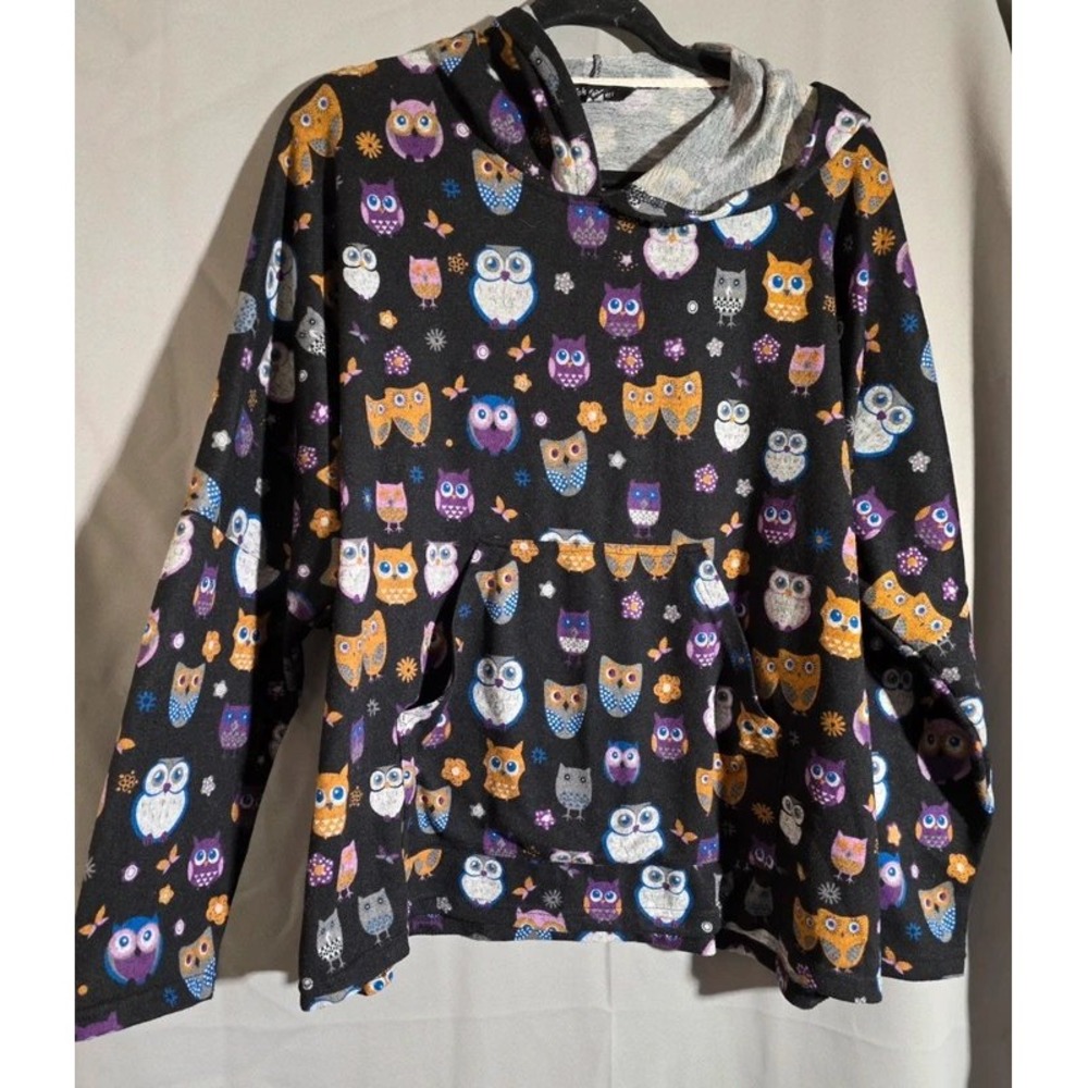 Yak & Yeti Women Black Owl Print Hoodie Sweatshirt Front Pocket Large